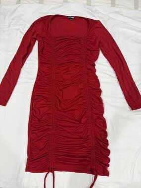 Ruched Red Long Sleeve Dress